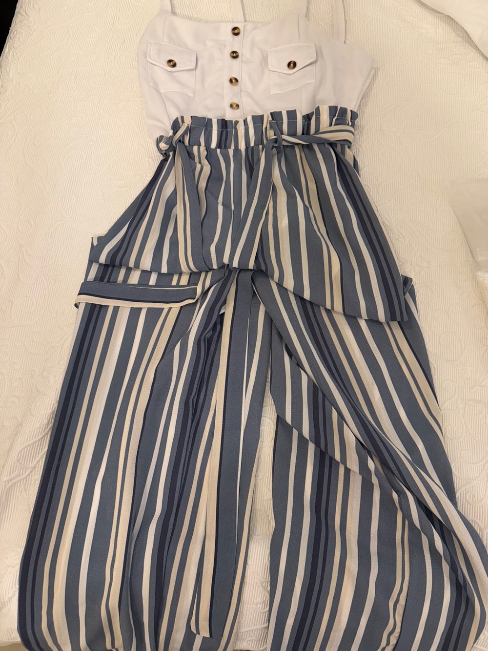 Charlotte Russe Striped Wide Leg Jumpsuit Size XL Blue White Nautical Boho